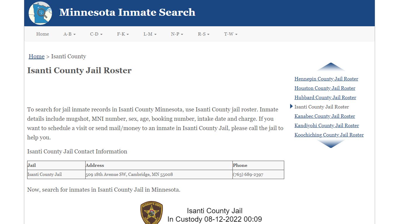 Isanti County Jail Roster - Minnesota Inmate Search